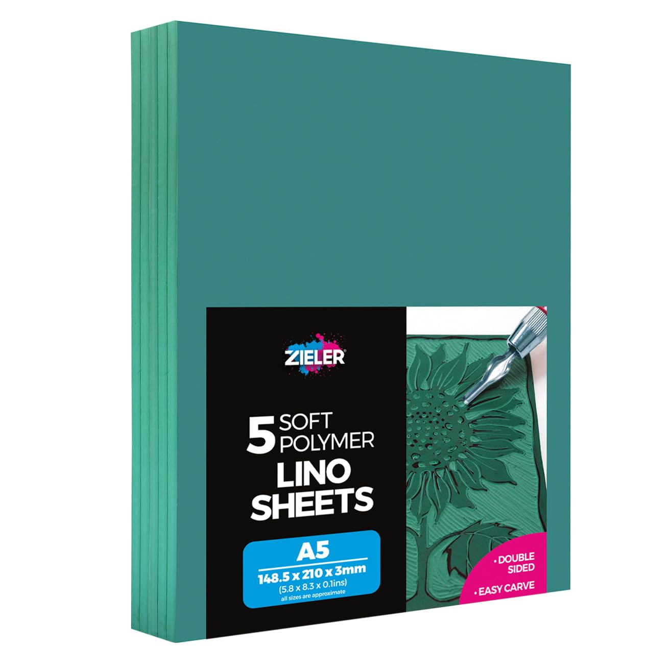 Lino Sheets - A5 Lino Printing Block Sheets - by Zieler® - Double-Sided, Easy-Carve Soft Lino Block 210x148x3mm Sheets. Ideal for School or Home - (Pack of 5)