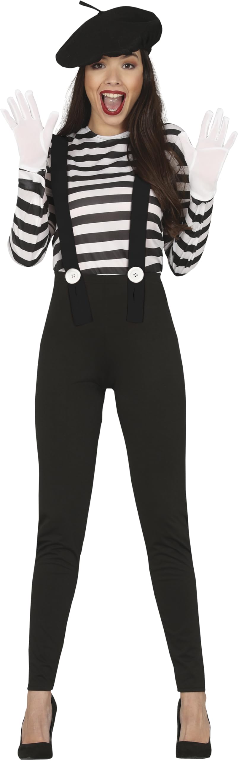 FIESTAS GUIRCA | Mime Woman Fancy Dress (14-16/L) - Shirt, Hat, Trousers and Braces - Clown and Performer Costumes for Halloween, Carnival and Fancy Dress Parties - Ideal for Adults - Black and White