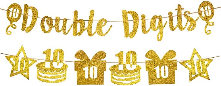 Happy Double Digits Banner – Für 10. Geburtstag, In Blau Mit Glitzer, Inkl. Aufhänge-Zubehör