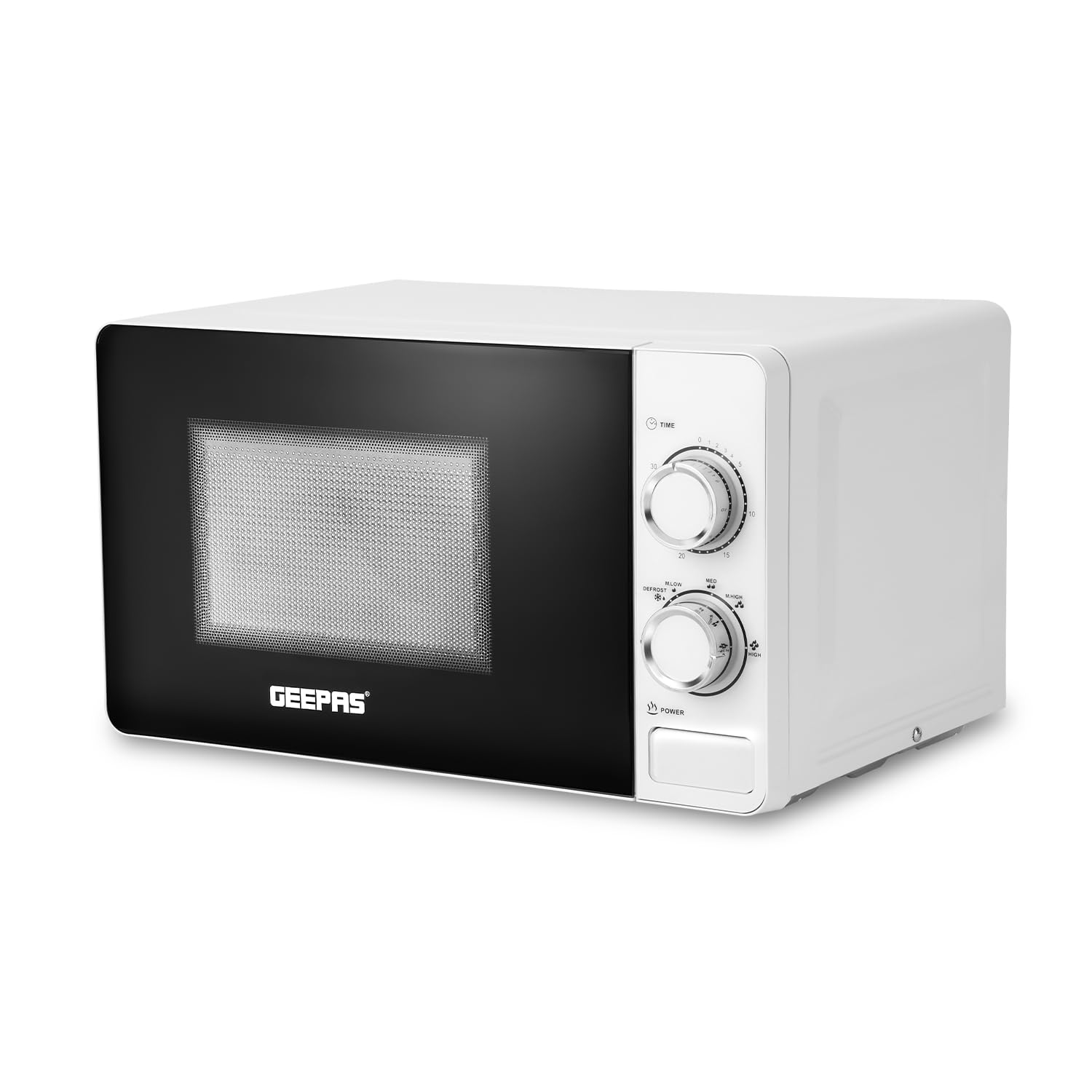 GEEPAS 700W Manual Solo Microwave Oven, 20L| Electric Oven with Auto Defrost Speedy Reheat | 5 Power Levels 2 Rotary Dials 30 Min Timer Easy Clean Standard Size of Dinner Plate | 2 Year Warranty White