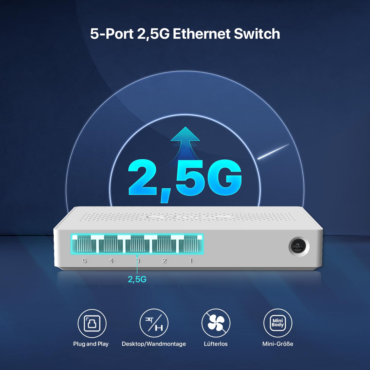 Tenda SE105 Switch 2.5Gbit, 5-Port Netzwerk Switch 2.5 Gbit LAN Switch (Plug-and-Play LAN Verteiler, Unmanaged, Lüfterlos, Ideal für 2,5G NAS, Server, WiFi 6/7 AP, Gaming-PC) 2
