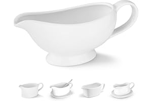 Kook Ceramic Gravy Boat, Serving Dispenser, Porcelain Pitcher for Sauces, Dressings and Creamer, Large Handle, Microwave and Dishwasher Safe, 21 oz, White