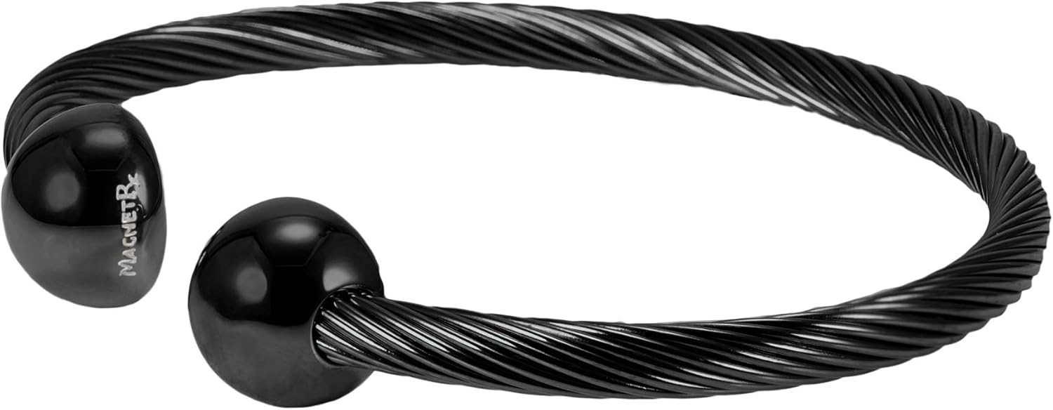 MagnetRX® Magnetic Therapy Bracelet Cuff - Twisted Cable Stainless Steel Bangle Magnetic Bracelets for Pain Relief, Balance & Energy - Elegant Golf Bracelet for Men & Women (Black | Small): Health & Personal Care