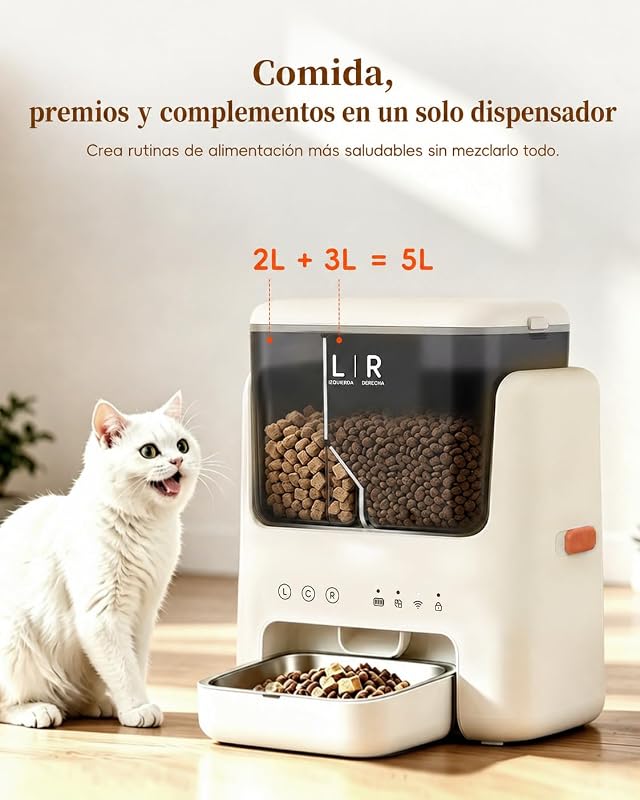 Alimentador Automático para Gatos, Comedero Inteligente para Mascotas con App, Capacidad 2L+3L, Dispensador de Pienso Seco, Temporizador, Registro y Cuenco Inoxidable