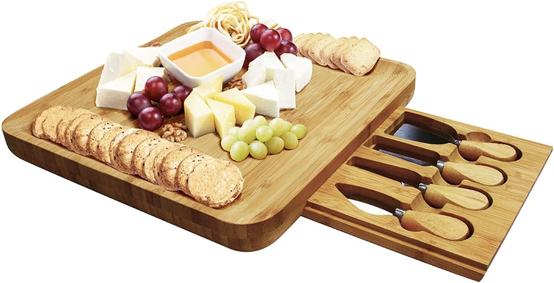 100% Natural Grain Bamboo Cutting Board Set Cheese Tray with Utensil Drawer Organizer 4 Stainless Steel Cheese Knives (Serving Plate, Plate, Parmesan Cheese, Soft Cheese Knife Scraper)
