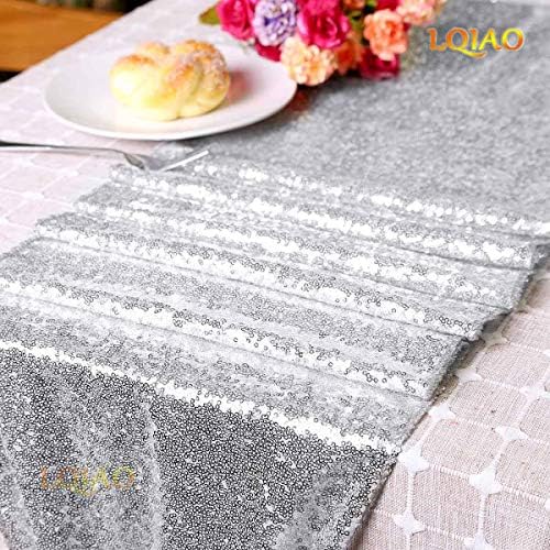 LQIAO Table Runner 120 inches Long Silver Sequin Tablecloth Metallic Knit Wedding Party Dinner Reception, Christmas Thanksgiving Event Bridal Wedding Runner