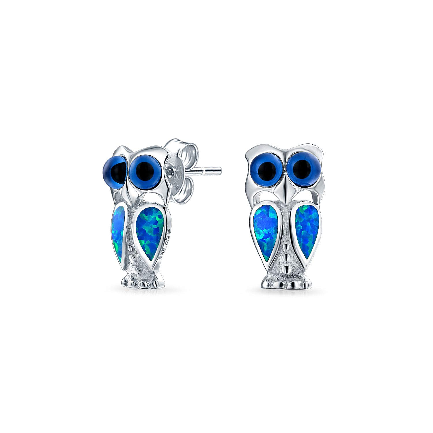Opalescent Gemstone Blue Created Opal Wide Eye Pet Animal Lucky Wise Bird Owl Stud Earrings For Women Teen .925 Sterling Silver October Birthstone