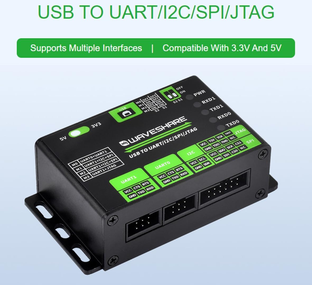 USB to UART/I2C/SPI/JTAG Converter, USB to 2-ch UART, or USB to 1-ch UART + 1-ch I2C + 1-ch SPI, or USB to 1-ch UART + 1-ch JTAG,Compatible with Win7/8/8.1/10/11, Linux, Androidetc.