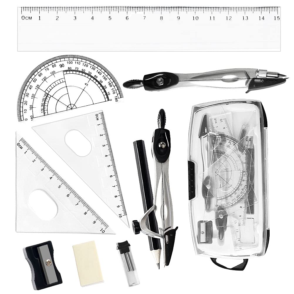 10 Pcs Maths Set, Geometry Sets Stationary Sets School Supplies - Compass Protractor Ruler Eraser Pencil Lead Refills Pencil and Pencil Sharpener Clear Case