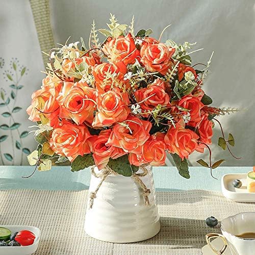 LESING Artificial Rose Bouquets with Ceramics Vase Fake Silk Rose Flowers Decoration for Table Home Office Wedding (Sunset)