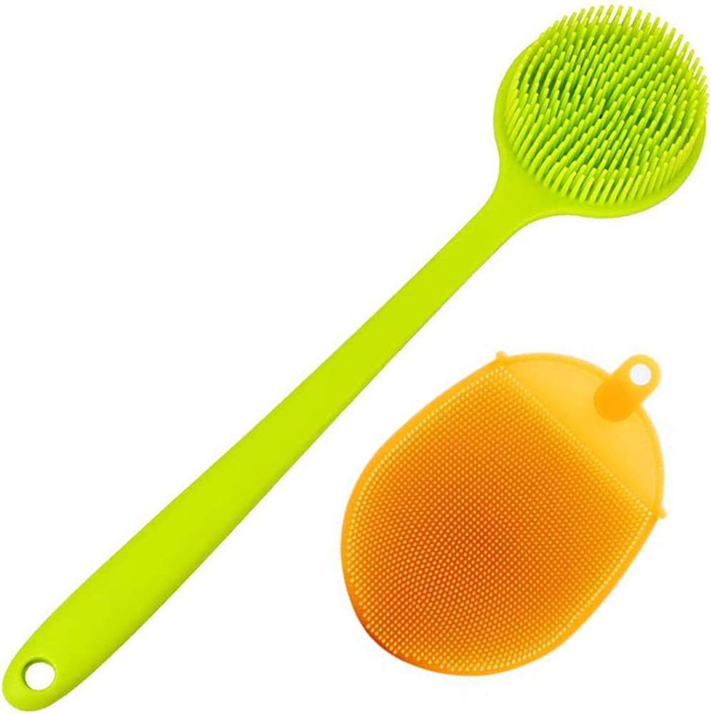SAYOPIN Exfoliating Back Scrubber & Silicone Body Brush Set For Shower Massage, 1pcs Long Handle Back Bath Brush + 1 Body Scrubber Glove - 2 Pack