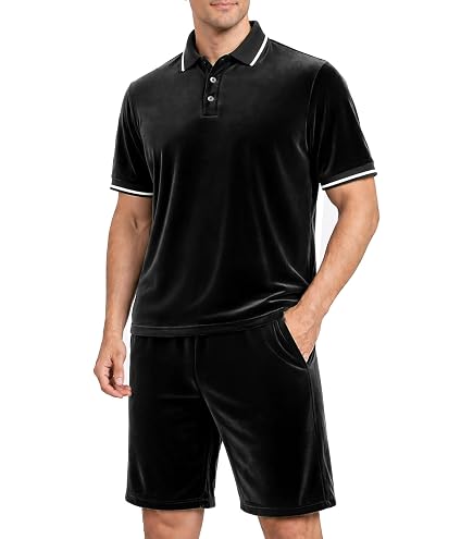 SAMDIPLUS Mens Velour Tracksuit 2 Piece Outfit Short Sleeve Full