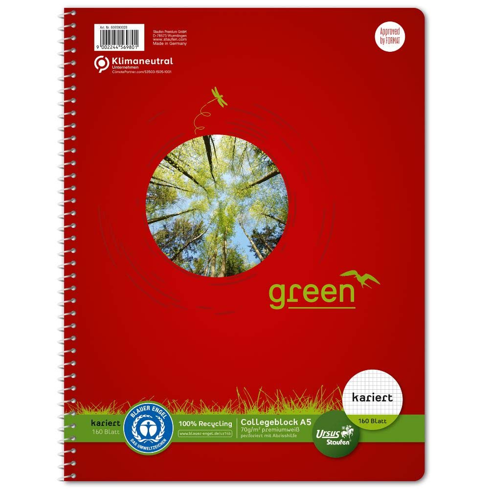 Ursus Green 608592020 College Writing Pad A5 5 mm Squared 160 Pages 70 g/m²