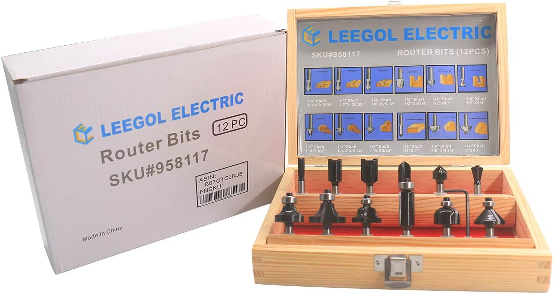 Leegol Electric Straight Router Bit Set 12 Piece - 1/4 Inch Shank Carbide Tip Woodworking Milling Cutter Tool