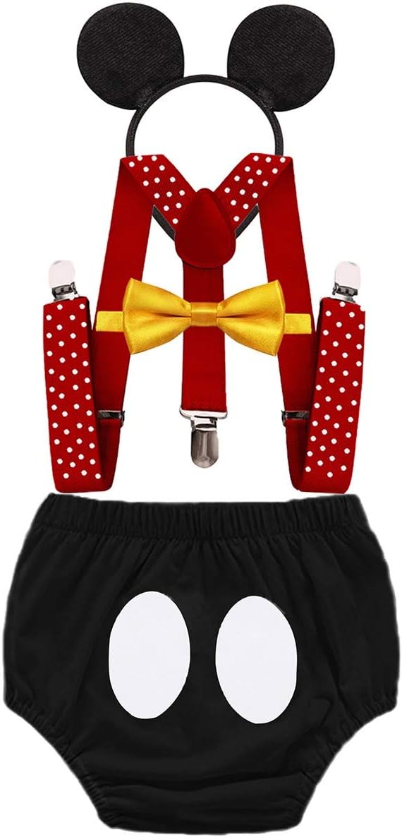 HIHCBF Newborn First Birthday Outfits Cake Smash Photo Shoot Baby Shower Costume Bloomers Suspenders Bow Tie Headband 6-18M