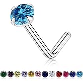 3mm Birthstone Nose Stud 20g Round Tiny CZ Nose Piercing Jewelry For Women Men, S925 Silver Hypoallergenic Nose Stud, L Shaped Handmade Nose Rings (Silver, June Violet)