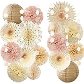 Champagne Gold Beige Boho Party Decorations Pink and Beige Birthday Baby Shower Decorations Paper Fans Paper Pom Poms Lanterns for Women Girl Rustic Bachelorette Wedding Decor