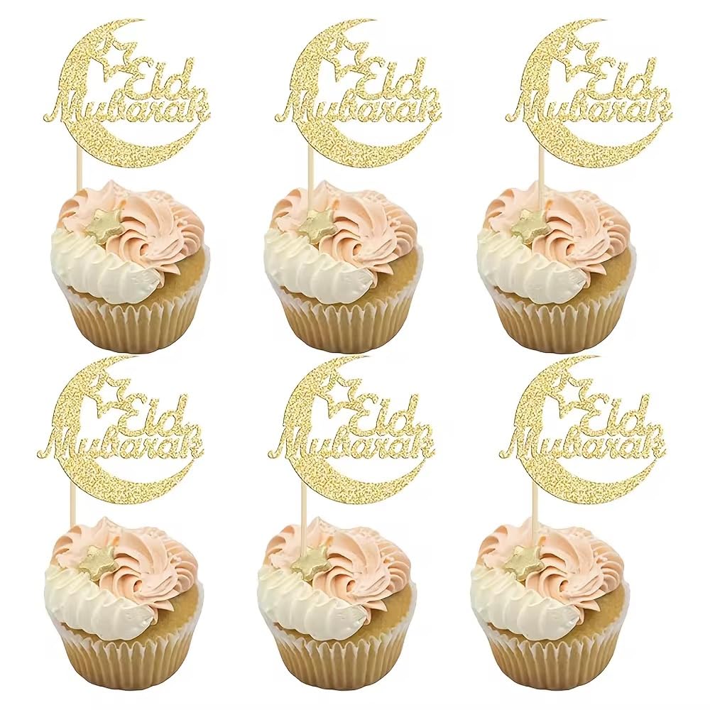 24 Eid Mubarak Cupcake Toppers, Gold Glitter, Cake Topper, Cake Decorations, Charms, Hamper Tags, Gift Wrapping.