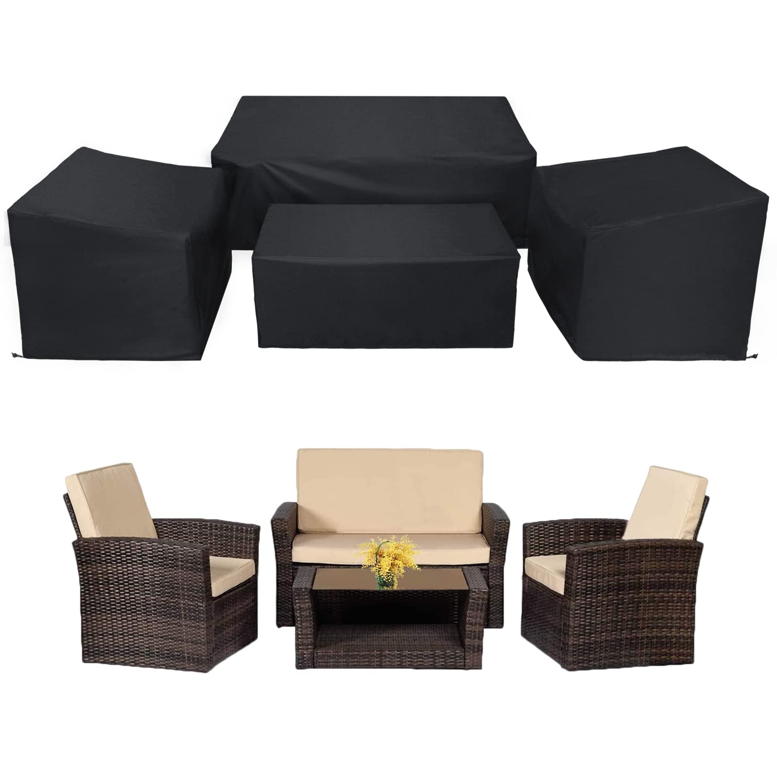 WISCLASS Patio Furniture Covers,4-Piece Outdoor Garden Covers,Waterproof 420D Heavy Duty Set covers Windproof，Durable Fade Rip Resistant Black