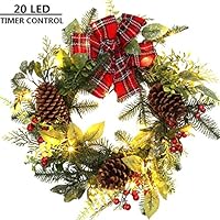 MAOYUE Christmas Wreath Outdoor Christmas Wreaths with Lights Tartan Pre-lit Holiday Wreath with Red Berries, Pine Cones, Battery Operated Christmas Decorations for Indoor, Window, Front Door