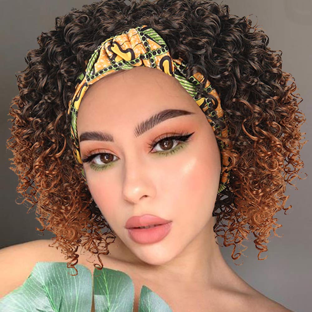 KRSI Afro Kinky Curly Headband Wigs for Women Synthetic Short Ombre Brown Deep Curly Wig with Headband Attached Natural Full Afro Wig Head Wrap Wigs 2 in 1 Wigs for Women (1B)