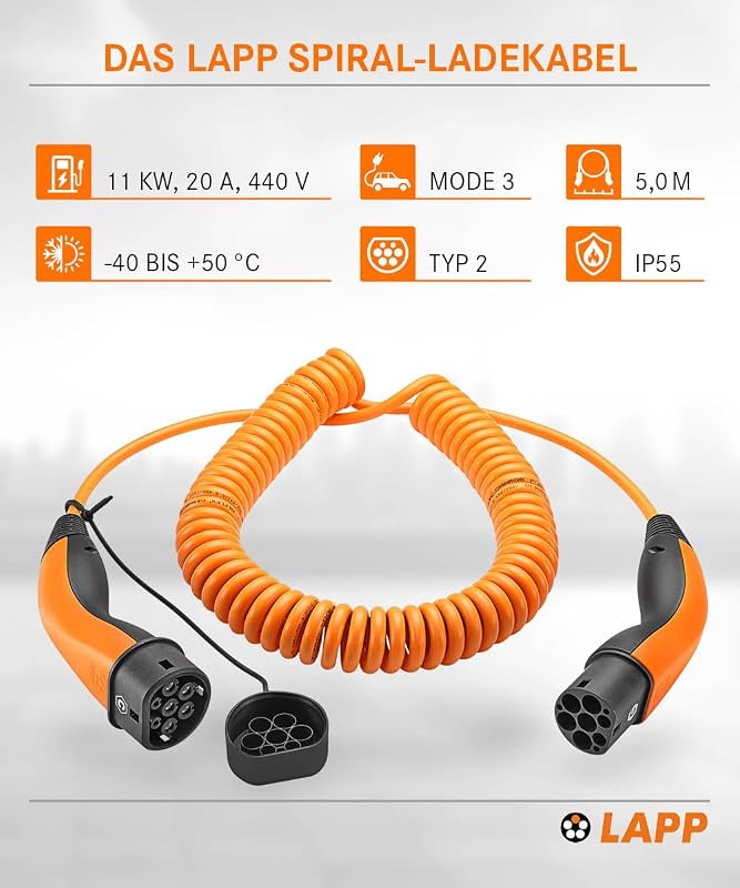 Mobility Typ 2 Ladekabel 11 KW/Spiralkabel / 20 A / 3-Phasig/E-Auto Ladekabel/Mode 3 / 5m