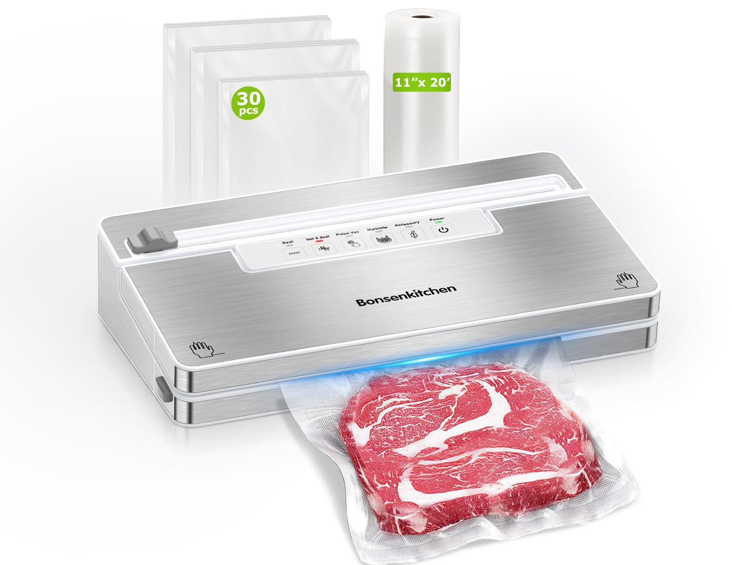 Photo 1 of Bonsenkitchen Vacuum Sealer Machine, Stainless Steel Food Sealer Vacuum Sealers with 30 Bags & 1 Roll, 5 Food Vacuum Modes, Built-in Cutter & Bag Storage (White Silver)