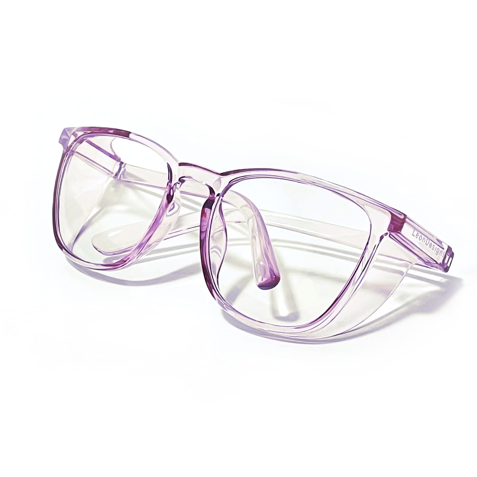LeonDesigns Safety Goggles Anti-Fog Tactical glasses with Side Shields Clear Safety glasses with Anti-Scratch UV400 protection Lens Goggles Inside Eyeglasses (Square transparent Purple)