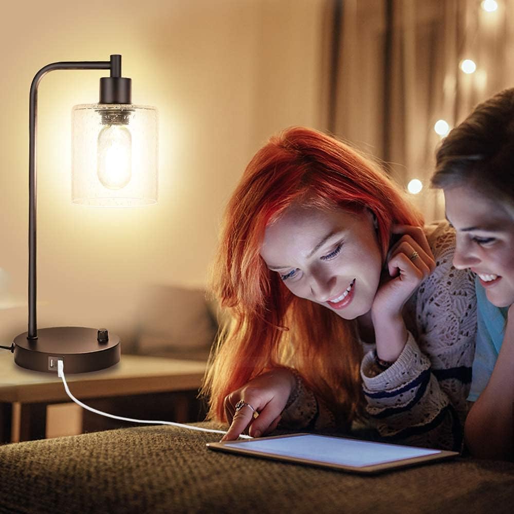 Set of 2 Industrial Table Lamps with 2 USB Port, Fully Stepless Dimmable Lamps for bedrooms, Bedside Nightstand Desk Lamps with Seeded Glass Shade for Reading Living Room Office 2 LED Bulb Included - - 