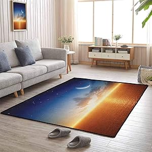 Ocean Play Mat Kids Rug Sunset Sky with Moon and Stars Horizon Scenery Fantasy View Artwork Print Machine Washable 6'x9' Navy Yellow Orange