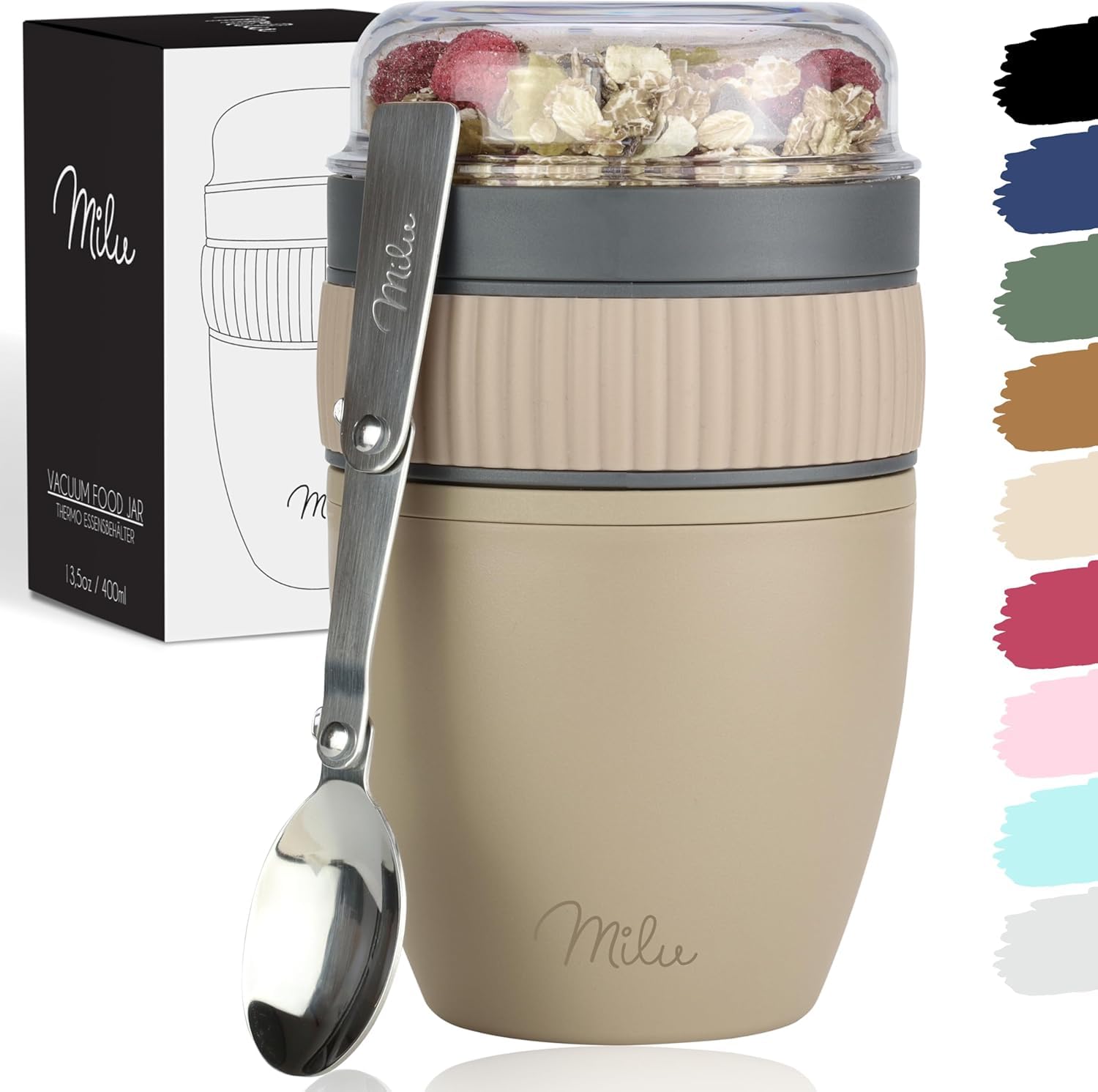 Milu Breakfast Cereal Cup with Spoon To-go Yogurt Pot Leakproof Overnight Oats Jar Breakfast Storage Container BPA Free for Office School Travel Picnic (Beige, 400ml) — image 1