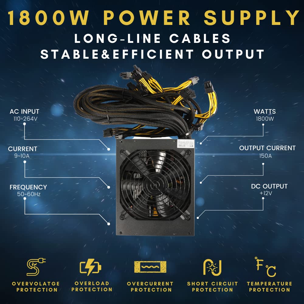 VTRETU 1800W Mining Power Supply ATX PSU Supports GPU Mining Rig Input110V-220V, Output 1600W-1800W 4U Power Supply Including 10 Connecting Cables and 1 Power Cord
