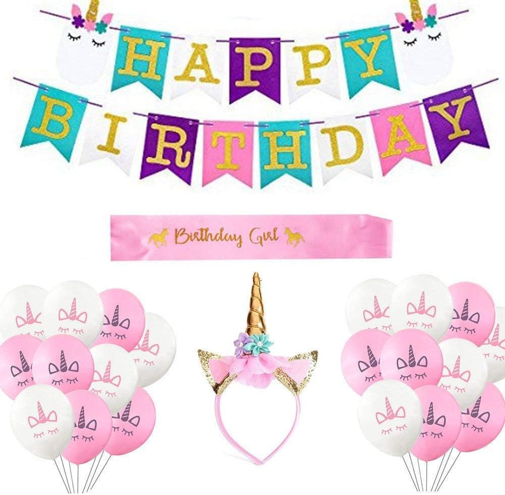 SUSHAFEN Unicorn Birthday Decorations,Unicorn Birthday Girl Set of Unicorn Banner,Gold Glitter Unicorn Headband and Pink Satin Sash with 20Pcs Balloons for Girls Unicorn Party Supplies