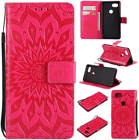 Google Pixel XL 2 Case,Pixel 2 XL Wallet Case Case Cover,SMYTU Premium Emboss Sunflower Flip Wallet Shell PU Leather Magnetic Cover Skin with Wrist Strap Case For Google Pixel XL 2(Red)