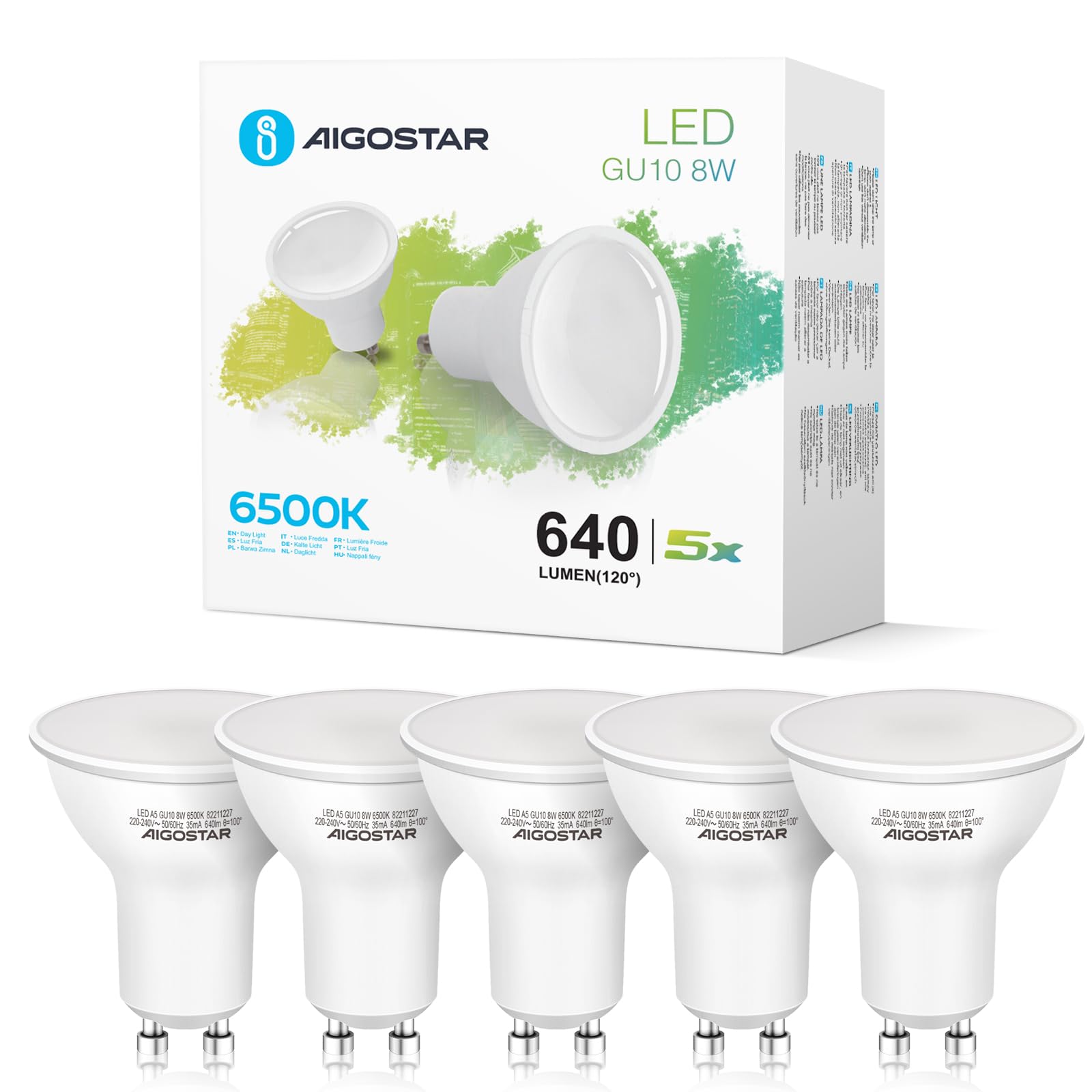 Aigostar GU10 LED Bulbs Cool White, 8W 6500K 640 Lumen, 5 Pcs/Box, 100° Beam Angle, Flicker Free — image 1