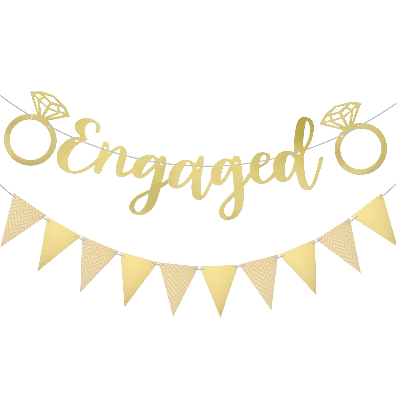 Pinenuts 2 Pcs Gold Engagement Banners, Engaged Bunting Letters & Diamond Ring Party Decoration Props for Wedding, Proposal Engagement Party