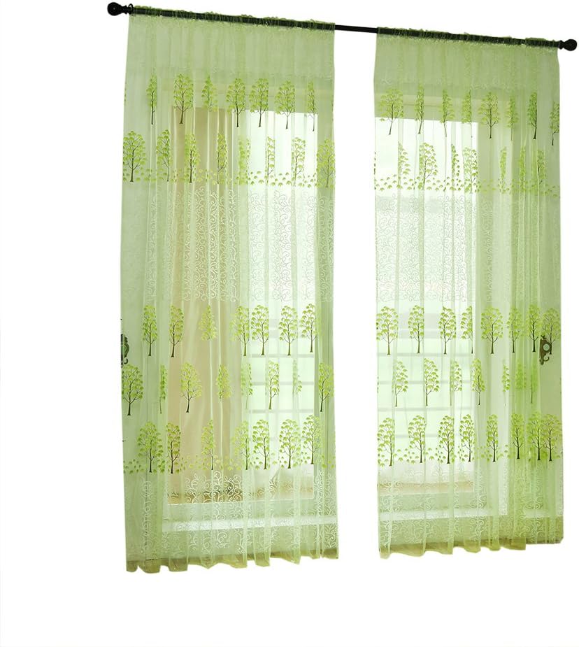 Momangel Maple Tree Pattern Window Curtain Tulle Sheer,Balcony Voile Curtain Sheer Panel Drapes for Bedroom, Living Room,Attic Room Green