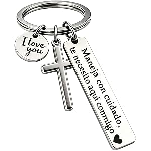 Maneja Con Cuidado Te Necesito Aquí Conmigo Keychain | Spanish Drive Safe Keychain with Cross & I Love You Charm, Christian C