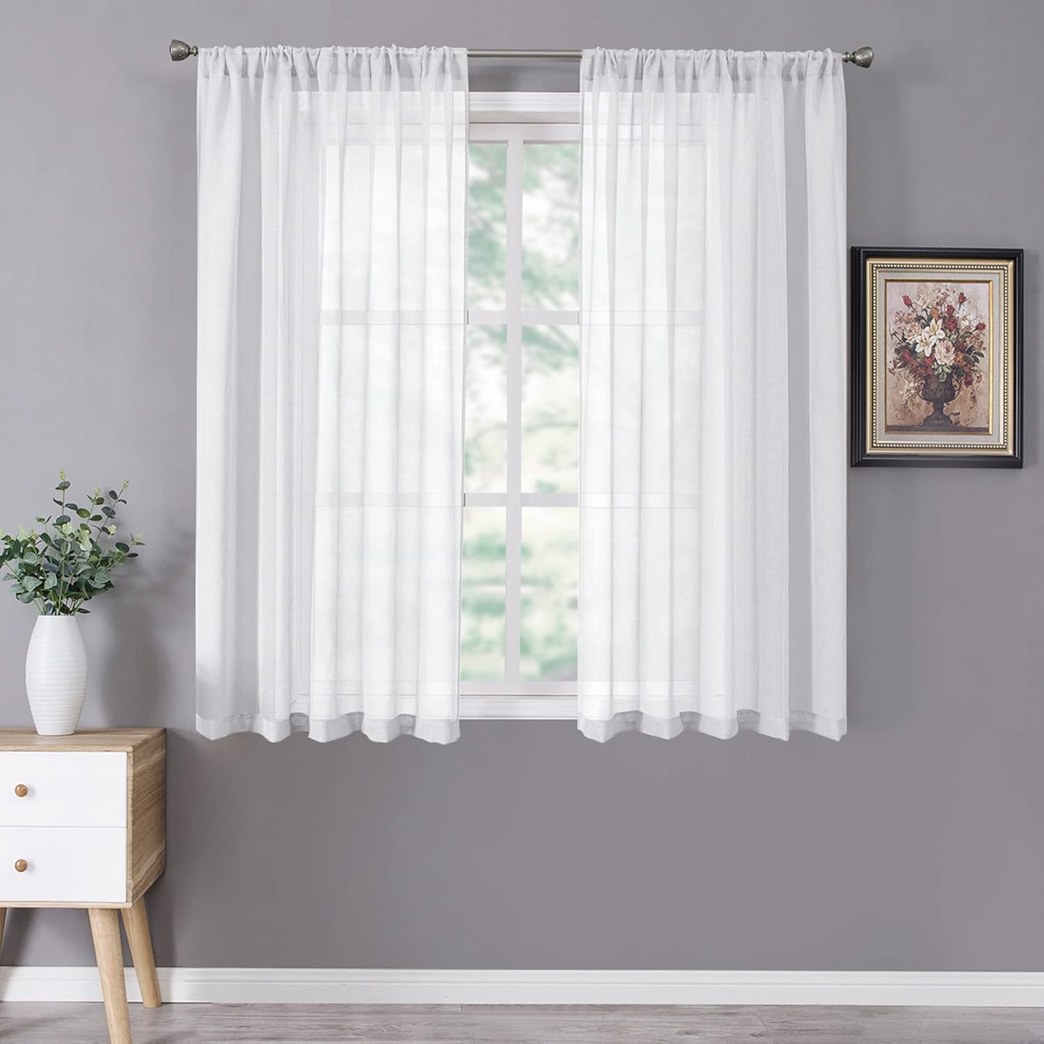 Window Treatments - Tollpiz Short Sheer Curtains Linen Textured Bedroom Curtain Sheers Light Filtering Rod Pocket Voile Curtains for Living Room, 54 x 45 inches Long, White, Set of 2 Panels