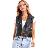 DIASHINY Faux Leather Vest Women Motorcycle Biker Moto Waistcoat | PU Leather,Slim Cropped,Asymmetrical Lapel Zipper,Multi Metal Zip Pockets,Snap Lapel Decor, Sleeveless,Punk Moto Biker Style
