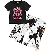 Western Toddler Baby Girl Fall Clothes Long Sleeve Let's Go Girl Shirt Cow Print Flare Pants with Tassels 2Pcs Outfits
