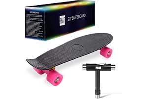 PHAT Penny Board, Plastic Kids Skateboard, Cruiser Board with All-in-One Skate T-Tool, 22" Mini Skateboard (Black-Pink)