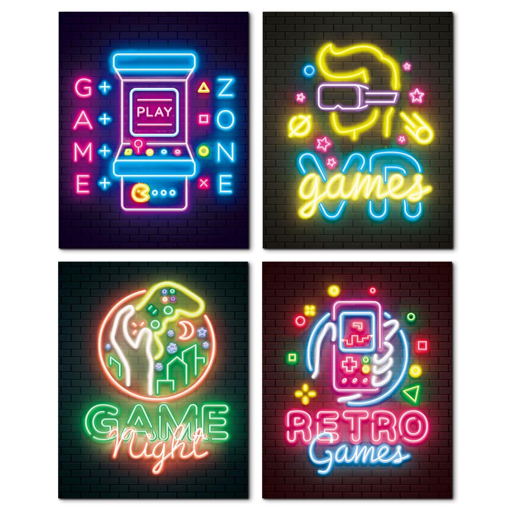 AOSEE 4Pcs Video Game Room Decor for Boys - Gaming Wall Art - Neon Gaming Room Decor - Game Poster FRAMED 8"x10" - Gamer Wall Decor - Teenage Boy Room Decor (Framed)