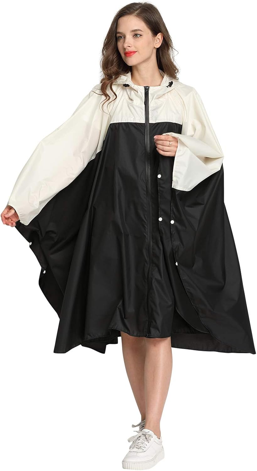 Spmor Rain Poncho Hooded Waterproof Raincoat Jacket for Adults with Zipper Black one Size: Clothing