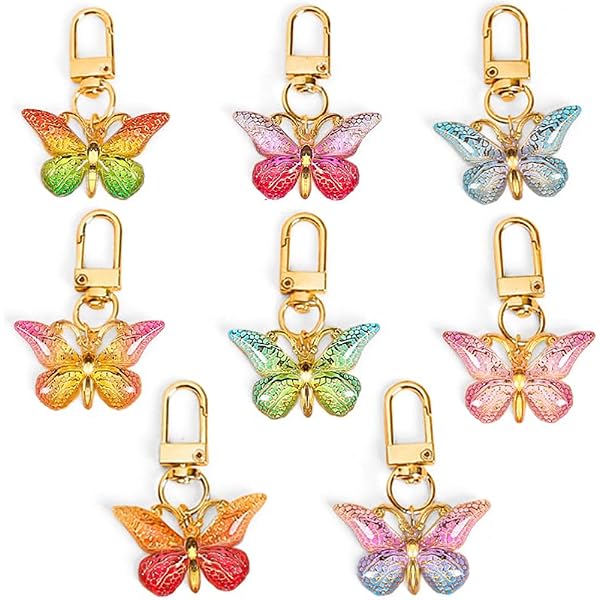 102 Cute Butterfly Keychains - Pom Pom Backpack Charms With Bling For Girls, Women, Car Keys - Peach Color