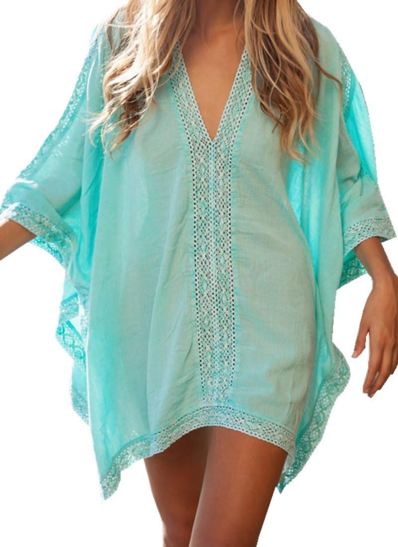 Womens Summer Beach Bikini Cover up Kaftan Cotone Sexy V-Neck Loose Beach Mini Dress 3 4 Sleeve Kimono Oversized Sundresses White Green