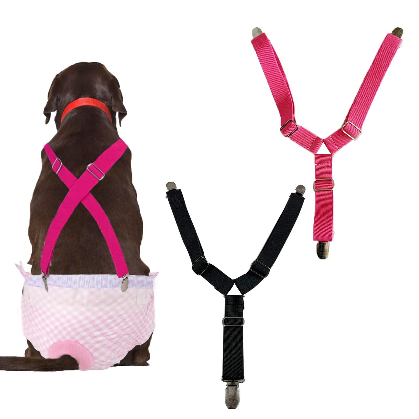 AWOCAN 2 Pieces Pet Diaper Fasteners with Adjustable Length Pets Diaper Anti-Slip Suspender Straps for Small Medium and Large Dogs (L-BLACK+ROSE RED)