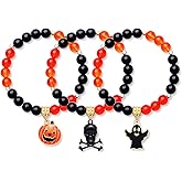 XOCARTIGE Halloween Bracelets for Girls Ghost Cat Pumpkin Charm Bracelet Black Beaded Stretch Bracelet Set for Costume Party