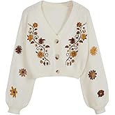 GORGLITTER Women's V Neck Floral Embroidered Cardigan Sweaters Lantern Sleeve Button Down Cropped Cardigan