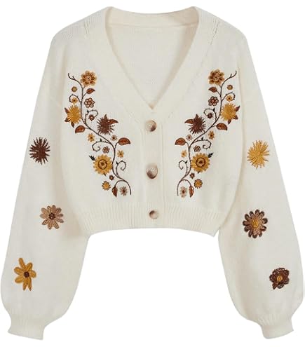 Women's 3D Flowers Embroidered Sweater V-Neck Button Down Y2K